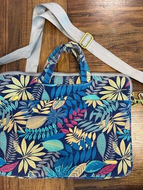 Adjustable Shoulder Navy Tropical Leaf Laptop Bag with Grey Strap
